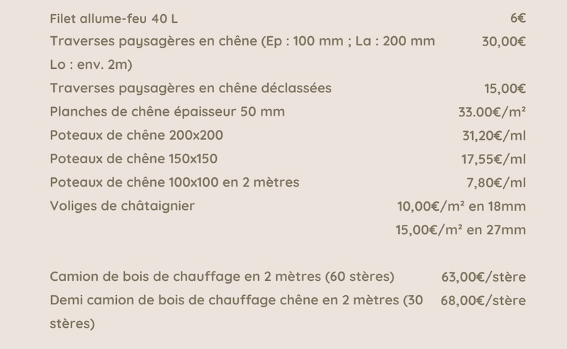 Tarifs des produits et services de vente de bois